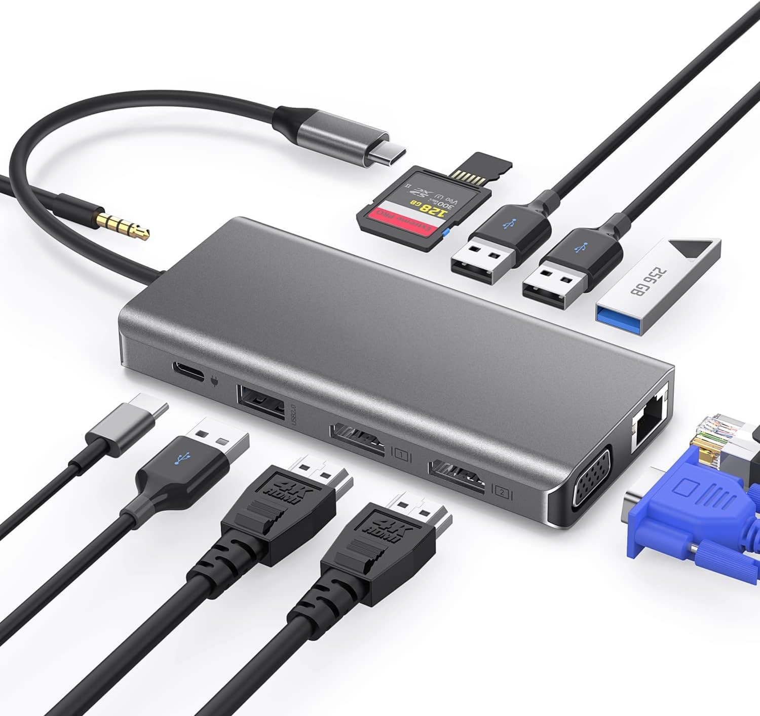 Convert typec to hub 4port usb3+typec+audio+sd+tf+2port hd+vga+lan 12*1